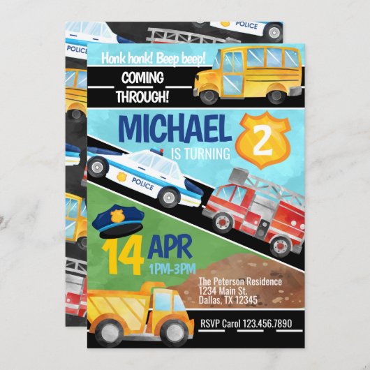 Transport Camion Anniversaire Fête Invitation (Devant / Derrière)