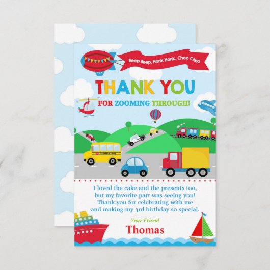 Transport Carte de remerciements fête d'anniversai (Devant / Derrière)