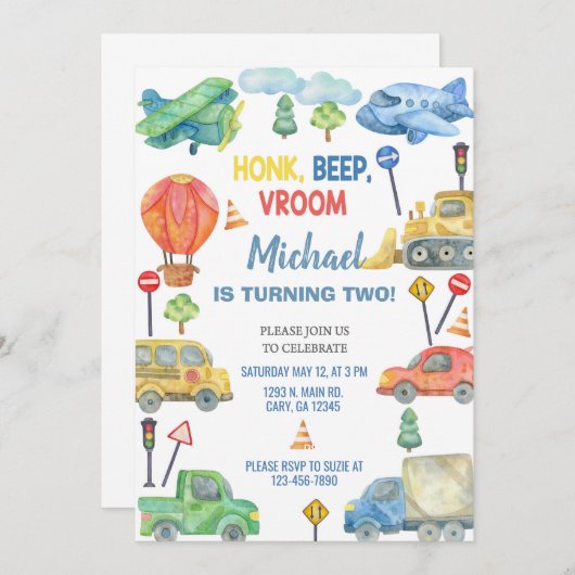 Transport, invitation d'anniversaire de garçon de  (Devant / Derrière)