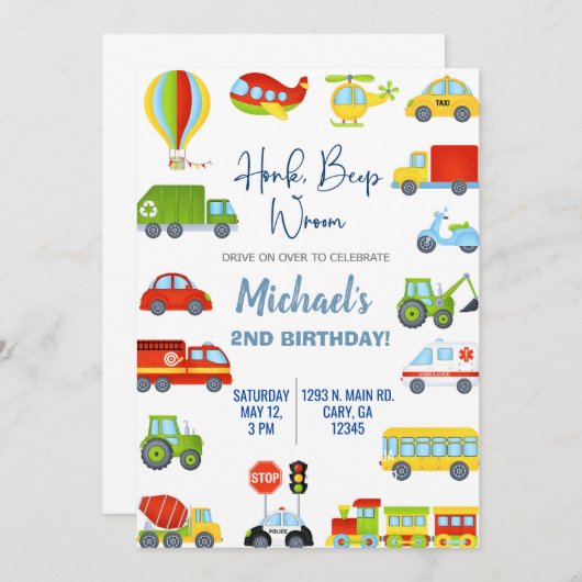 Transport, invitation d'anniversaire de garçon de  (Devant / Derrière)