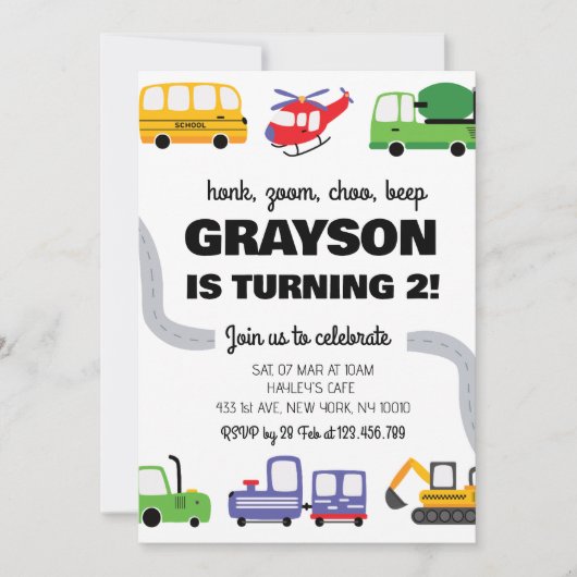 Transportation 2nd Birthday Invitation for Boy (Devant)