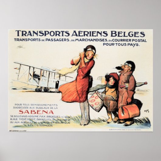 Transports Aeriens Belges SABENA Ancienne affiche  (Devant)