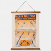 Trapeze, acrobaten en vliegende trampoline hangend wandkleed (Voorkant)