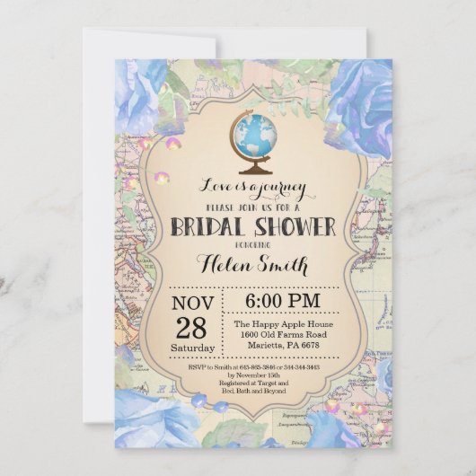 Travel Blue Floral Bridal Shower Kaart (Voorkant)