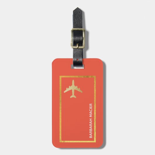 Travel Faux Gold Vliegtuig Custom sinaasappel-rood Bagagelabel (Voorkant verticaal)