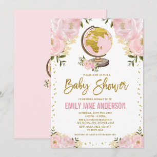 Travel Girl Baby shower Pink Gold Floral Adventure Kaart