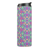 Travel mug with vibrant, kaleidoscopic pattern. thermosbeker (Gedraaid links)
