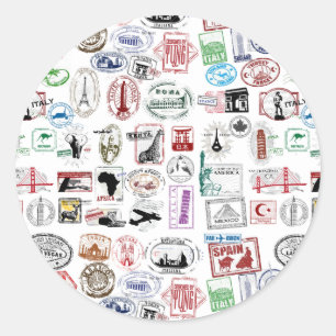 Travel Stamps Patroon Ronde Sticker