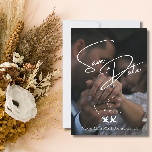 Travel Wedding Vliegtuig Hart Modern Save the Date Kaart
