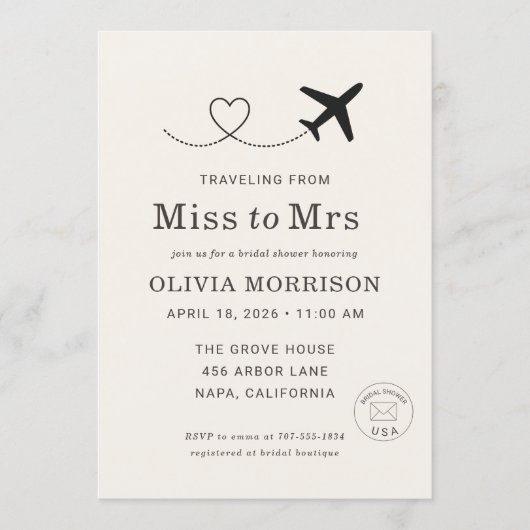 Traveling From Miss to Mrs Bridal Shower Kaart (Voorkant)