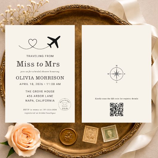 Traveling From Miss to Mrs QR Code Bridal Shower Kaart