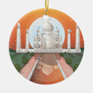 Travelposter voor logo over Indiase wereldpictogra Keramisch Ornament