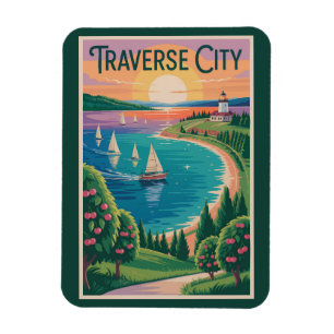 Traverse City Lake Michigan Illustratie Reis Magneet