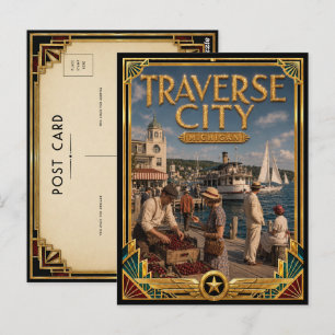 Traverse City Michigan Vintage Art Deco Gouden Tij Briefkaart