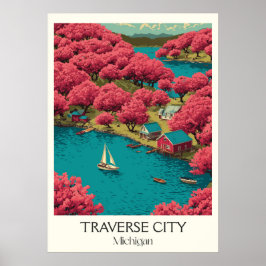 Traverse City Michigan Vintage Cherry Blossom Art Poster