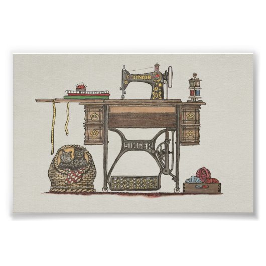 Treadle Sewing Machine & Kittens Foto Afdruk (Voorkant)