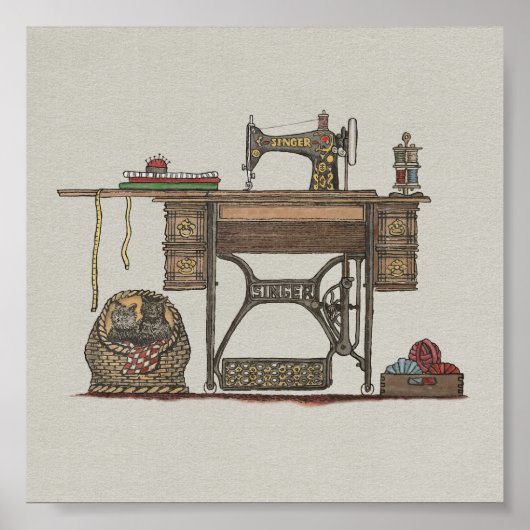 Treadle Sewing Machine & Kittens Poster (Voorkant)