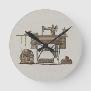 Treadle Sewing Machine & Kittens Ronde Klok