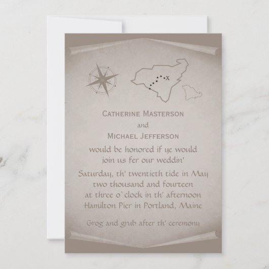 Treasure Map Wedding Invite, Beige Kaart (Voorkant)