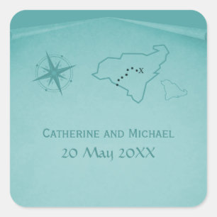 Treasure Map Wedding Stickers, Blauwgroen Vierkante Sticker