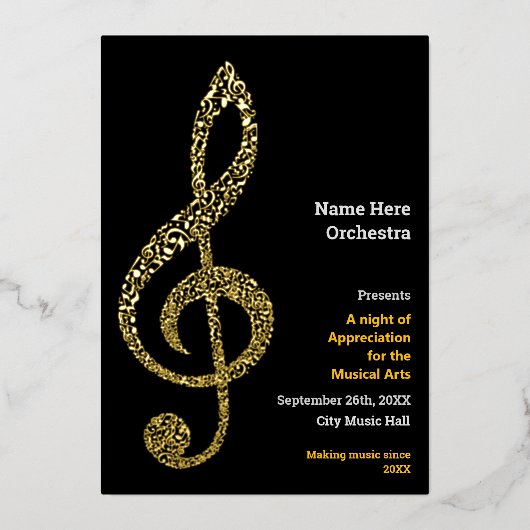 Treble clef Elegant Minimal Gold Music Notes Text Folie Uitnodiging (Voorkant)