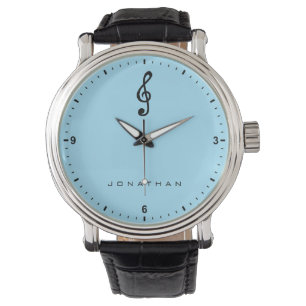 Treble Clef Muzieknoot Muziek Plain Blue Naam Horloge