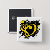 Treble en Bass Clef Musical Heart Yellow Vierkante Button 5,1 Cm (Voorkant /achterkant)