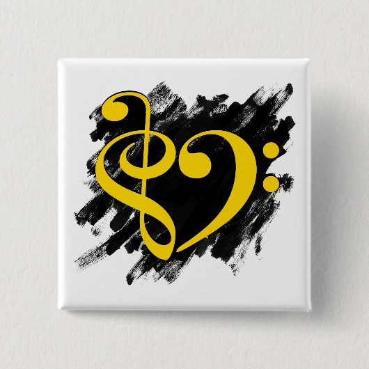 Treble en Bass Clef Musical Heart Yellow Vierkante Button 5,1 Cm (Voorkant)