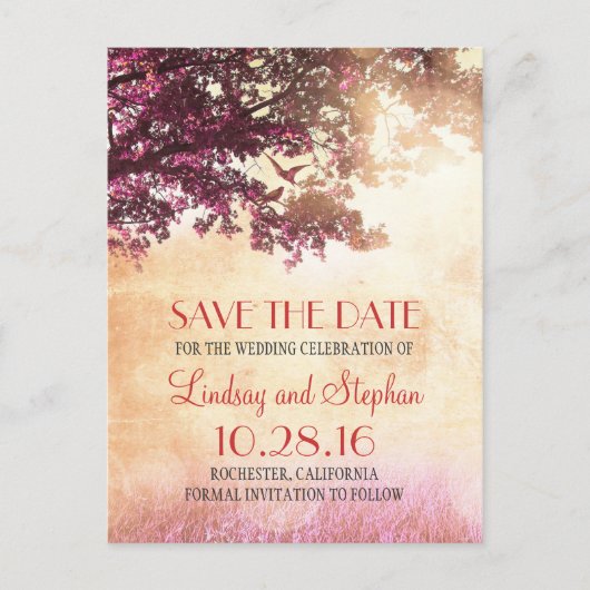 Tree and Love Birds Rustic Bewaar de datum Aankondigingskaart (Voorkant)