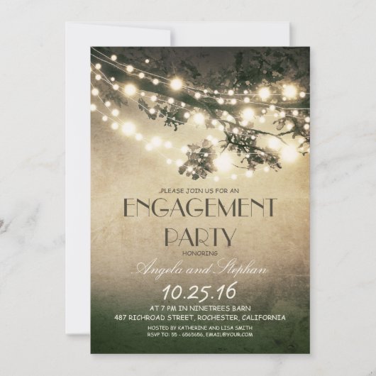 Tree Branches & String Lights Engagement Party Kaart (Voorkant)