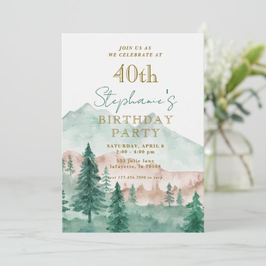 Tree Forest Mountain 40e anniversaire Invitations (Debout devant)