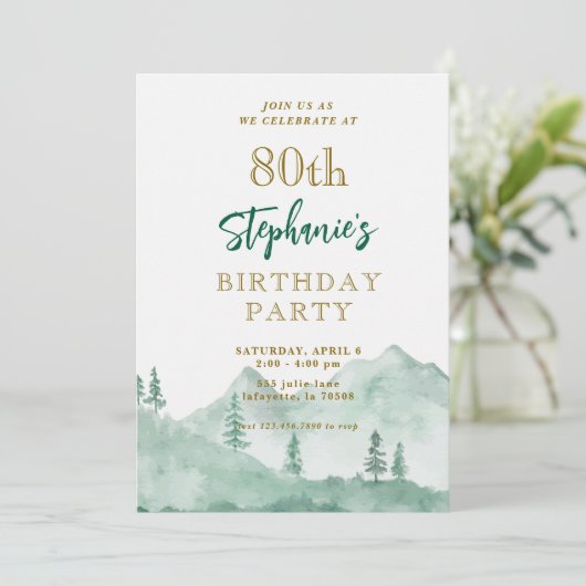 Tree Forest Mountain 80e anniversaire Invitations (Debout devant)