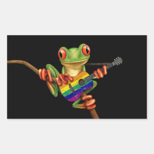 Tree Frog Spelen Regenboog Vlag Gitaar Zwart Rechthoekige Sticker