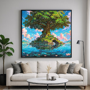Tree Island - Kleurrijke Natuur Illustratiestijl Poster
