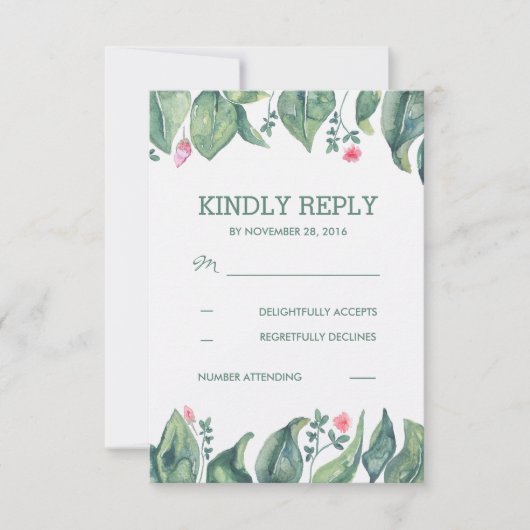 Tree Leaves Rustic Forest Waterverf Wedding RSVP Kaartje (Voorkant)