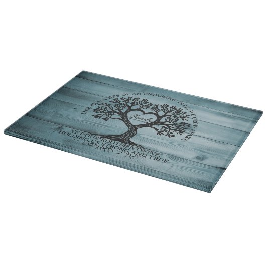 Tree of Life Family Glass Cutting Board on Blue Snijplank (Hoek)