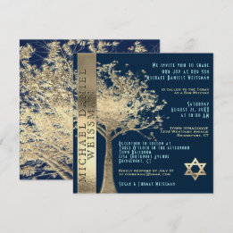 Tree of Life Gold and Navy Blue Bar Mitzvah Kaart