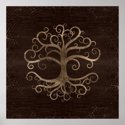 Tree of life Gold on Wooden Texture Poster (Voorkant)