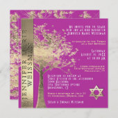Tree of Life Goud en Goud en Roze Vleermuis Mitzva Kaart (Voorkant / Achterkant)