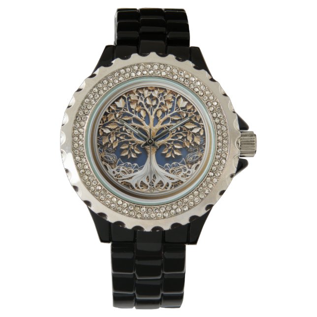 Tree of Life Goud Wit Marine Blauw Horloge (Voorkant)