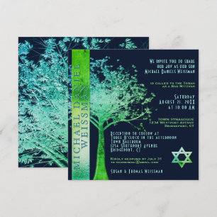 Tree of Life Green Blue Bar Mitswa Uitnodiging