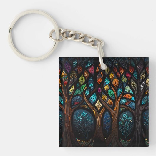 Tree of Life Mozaïek Gekleurde bladeren Glas in lo Sleutelhanger (voorkant)