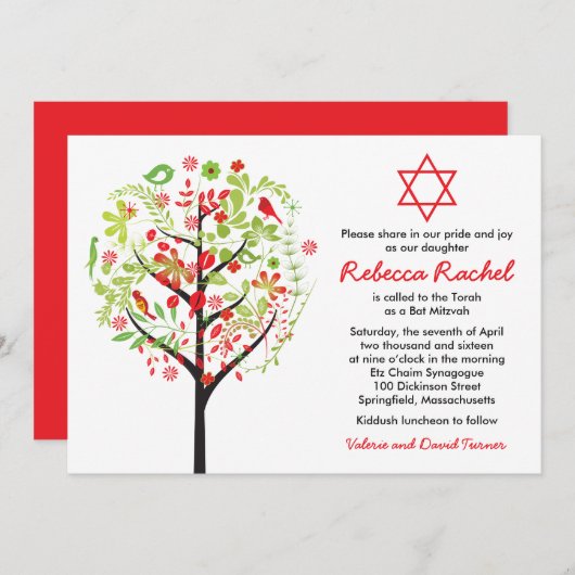 Tree of Life Red Green Bat Mitswa Uitnodiging (Voorkant / Achterkant)