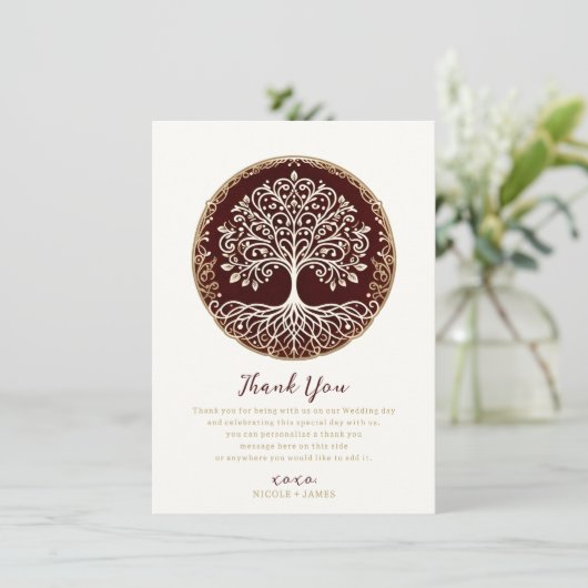 Tree of Life Rustiek Donkerrood Keltisch Dank u Kaart (Staand voorkant)