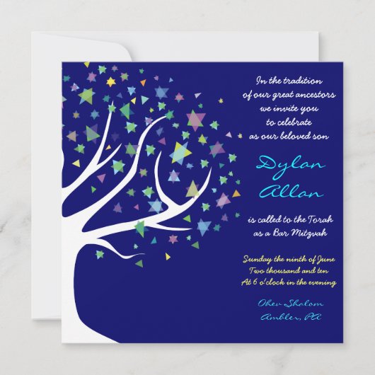 Tree of Life Stars Bar Mitzvah Invitation Blue (Devant)