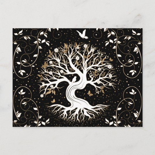 Tree of Life - Ygdrasil - black white and gold Feestdagenkaart (Voorkant)