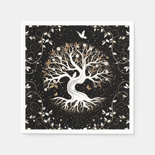 Tree of Life - Ygdrasil - black white and gold Servet (Voorkant)