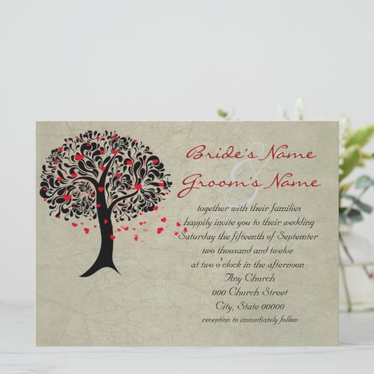 Tree of Red Hearts huwelijksuitnodigingen Kaart (Staand voorkant)