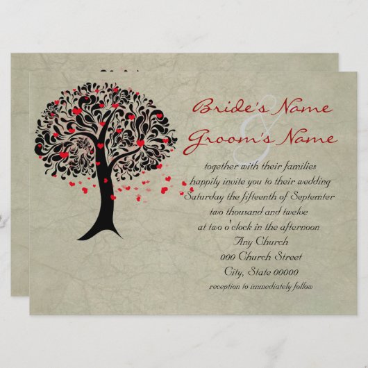 Tree of Red Hearts huwelijksuitnodigingen Kaart (Voorkant / Achterkant)