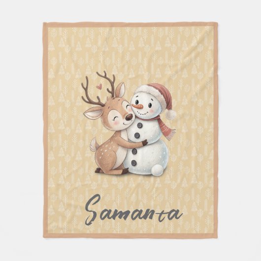Tree pattern reindeer snowman orange beige name fleece deken (Voorkant)